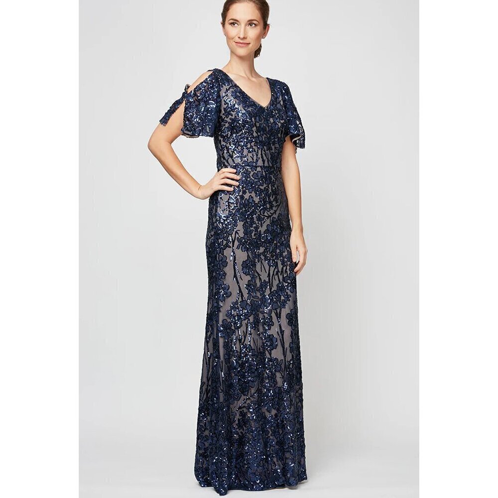 NWT Alex Evening V-Neck Sequin Dress with Cold Shoulder Flutter Sleeve
